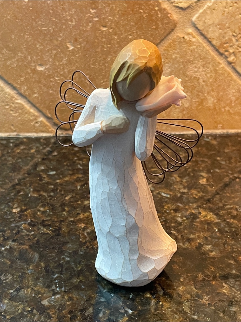Willow Tree Thinking of You Angel Figurine Cream with Gold Hair and Pink Shell